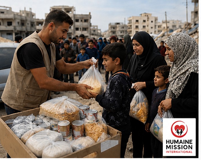 Distribution de vivres à des familles déplacées par les équipes Humaine Mission