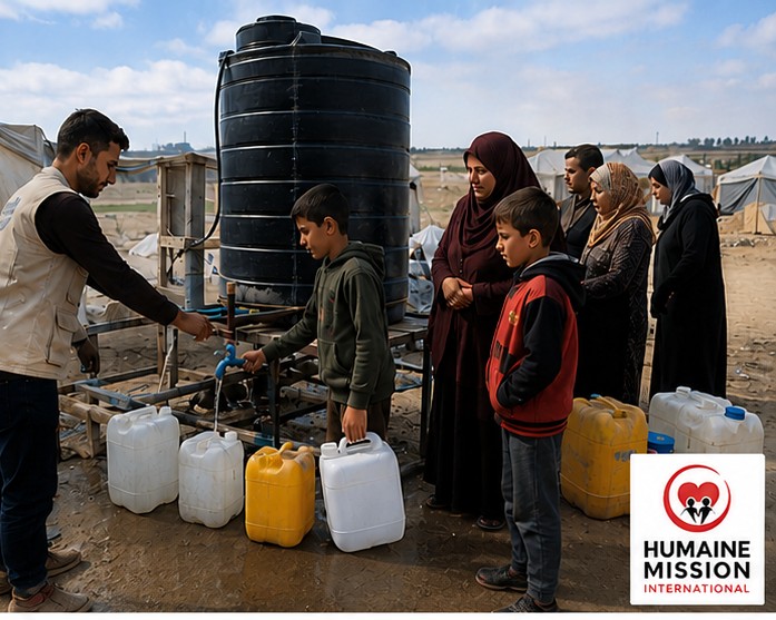 Point de distribution d'eau potable installé par Humaine Mission