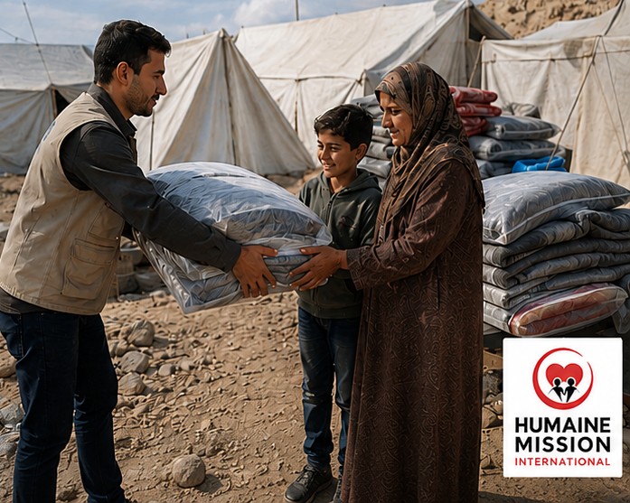 Distribution de couvertures et de kits d'abri à une famille déplacée